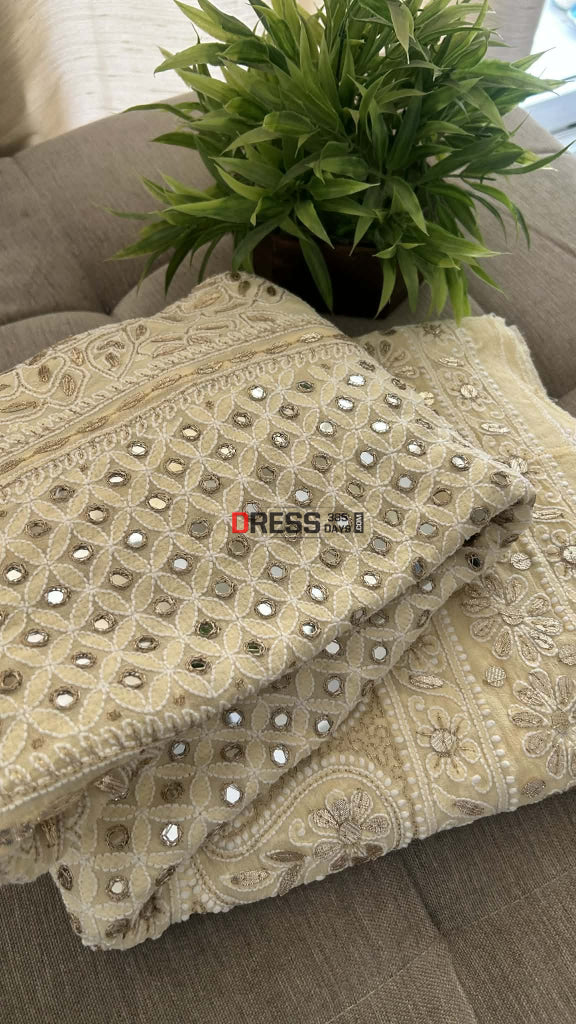 Beige Mirror & Gota Patti Lucknow Chikankari Lehenga Skirt (Only Skirt) Chikankari Lehenga