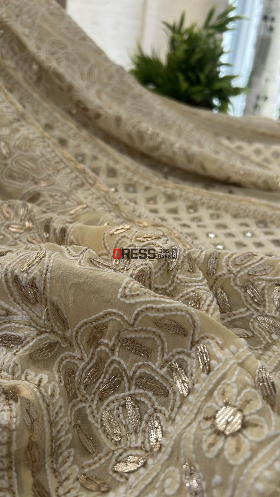 Beige Mirror & Gota Patti Lucknow Chikankari Lehenga Skirt (Only Skirt) Chikankari Lehenga