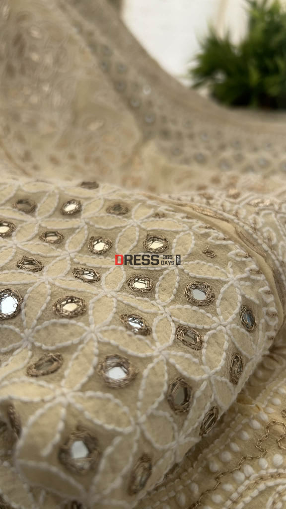 Beige Mirror & Gota Patti Lucknow Chikankari Lehenga Skirt (Only Skirt) Chikankari Lehenga
