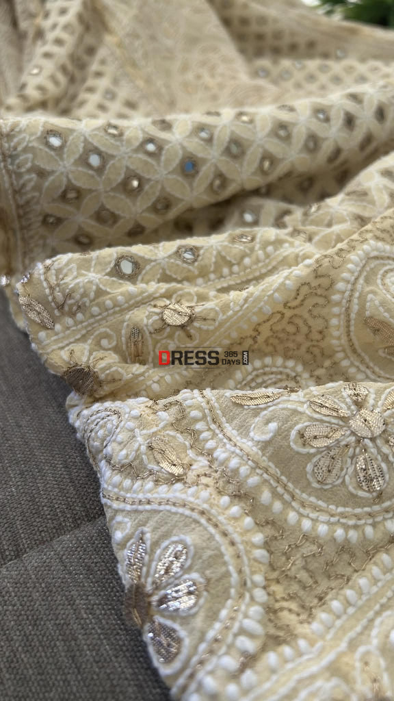 Beige Mirror & Gota Patti Lucknow Chikankari Lehenga Skirt (Only Skirt) Chikankari Lehenga