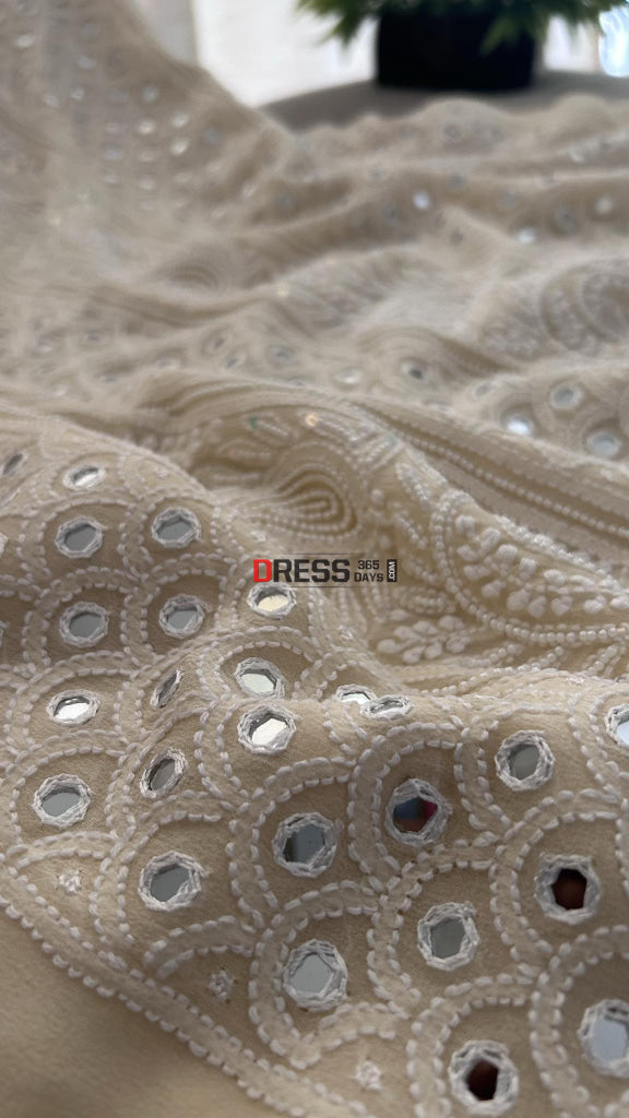 Beige Mirror & Pearl Lucknowi Suit (Kurta Dupatta) Chikankari Suits