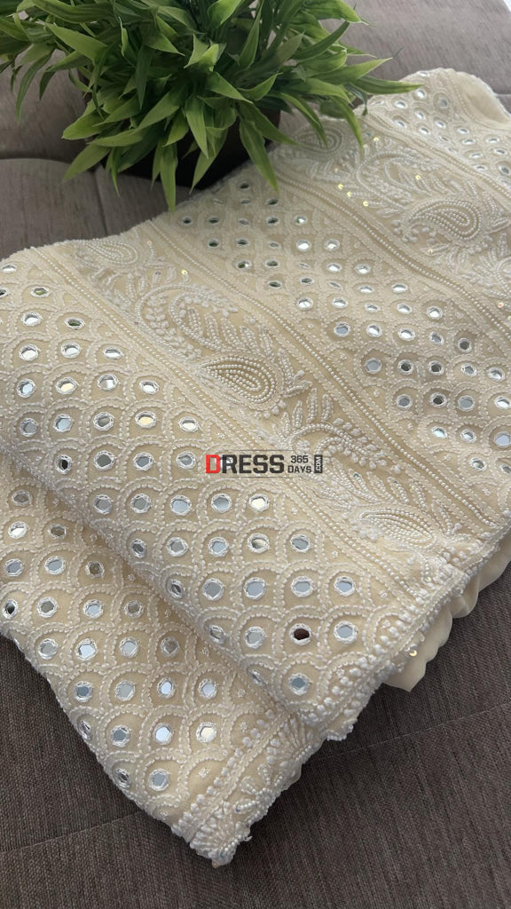 Beige Mirror & Pearl Lucknowi Suit (Kurta Dupatta) Chikankari Suits