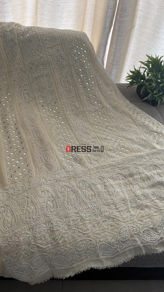 Beige Mirror & Pearl Lucknowi Suit (Kurta Dupatta) Chikankari Suits