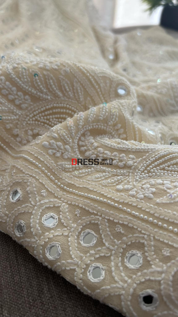 Beige Mirror & Pearl Lucknowi Suit (Kurta Dupatta) Chikankari Suits
