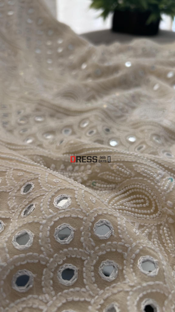 Beige Mirror & Pearl Lucknowi Suit (Kurta Dupatta) Chikankari Suits