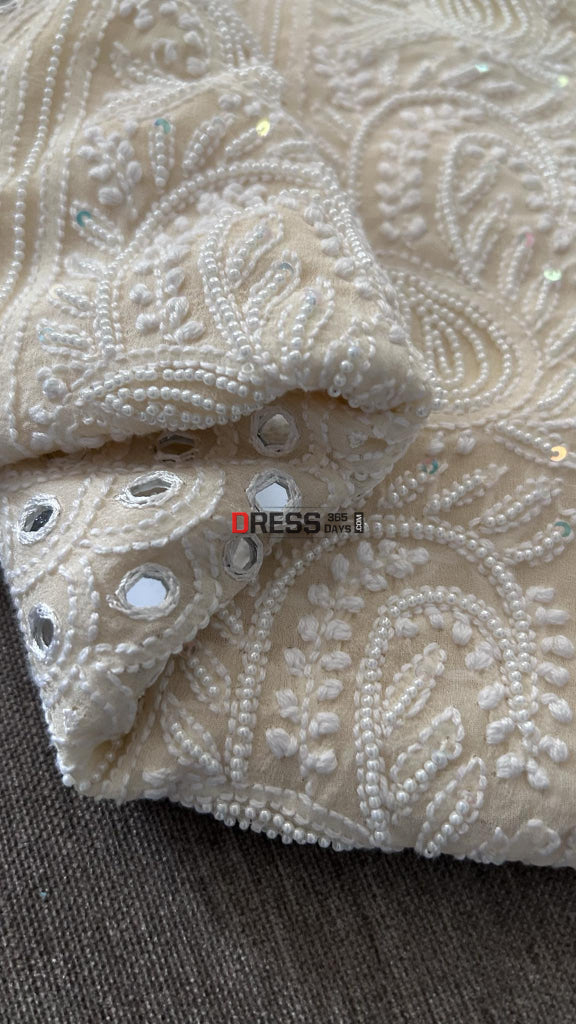 Beige Mirror & Pearl Lucknowi Suit (Kurta Dupatta) Chikankari Suits