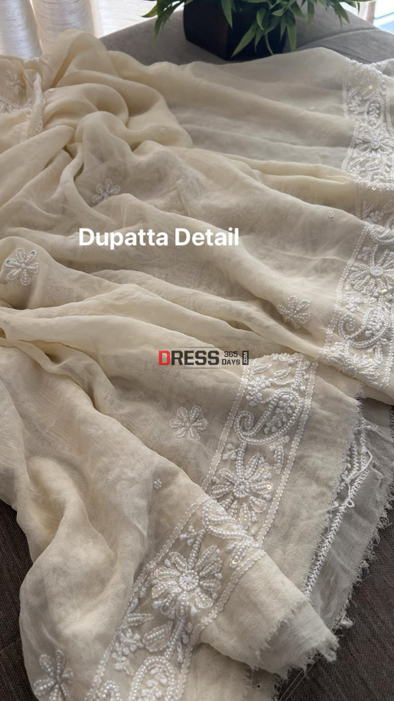 Beige Mirror & Pearl Lucknowi Suit (Kurta Dupatta) Chikankari Suits