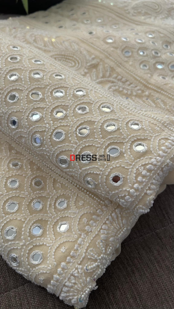 Beige Mirror & Pearl Lucknowi Suit (Kurta Dupatta) Chikankari Suits