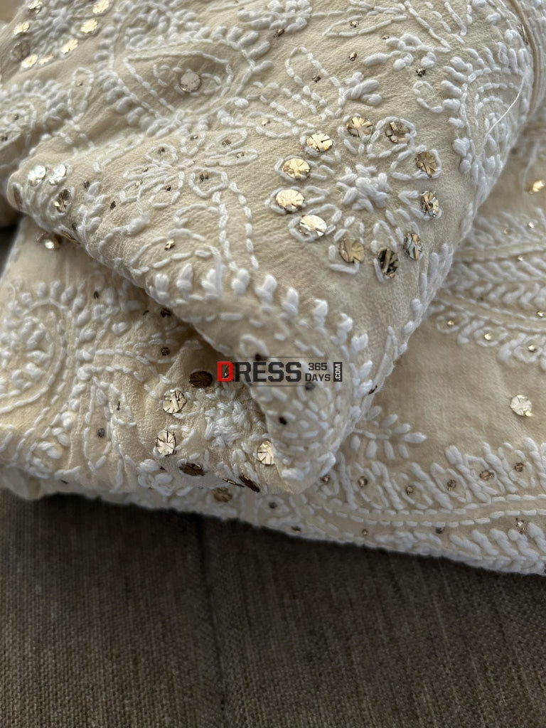 Beige Mukaish Chikankari Lehenga Set