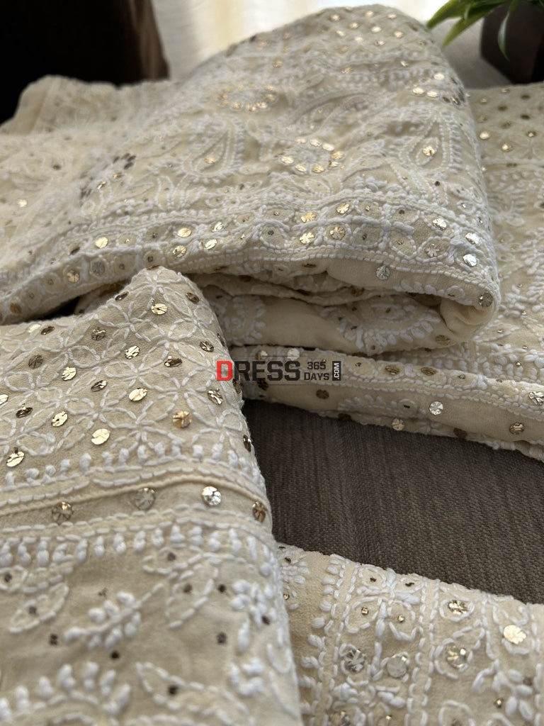 Beige Mukaish Chikankari Lehenga Set