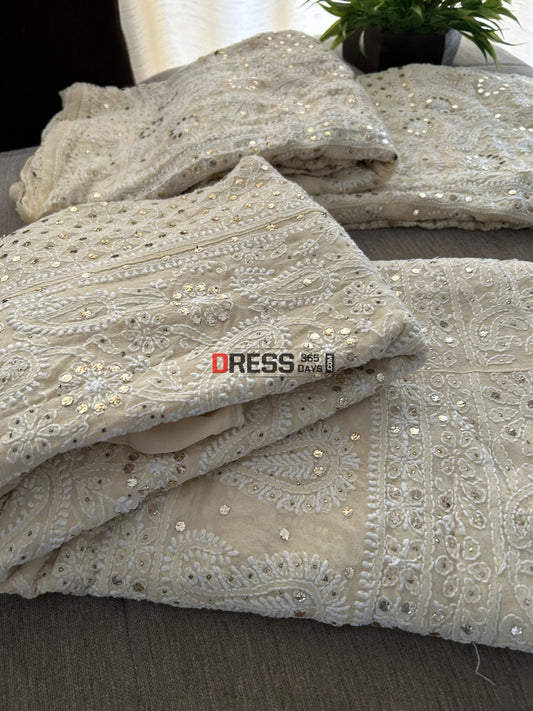 Beige Mukaish Chikankari Lehenga Set