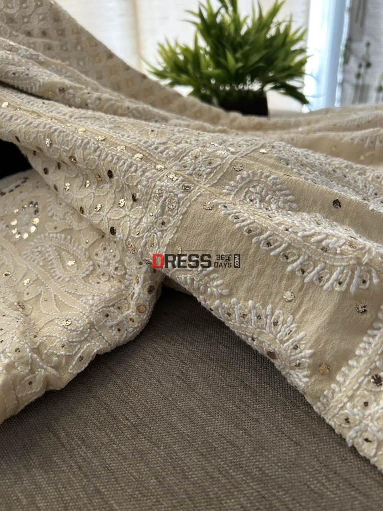 Beige Mukaish Chikankari Lehenga Set