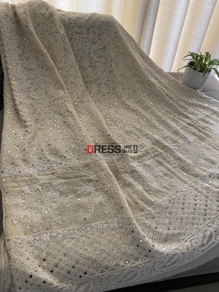 Beige Mukaish Lucknowi Chikankari Dupatta