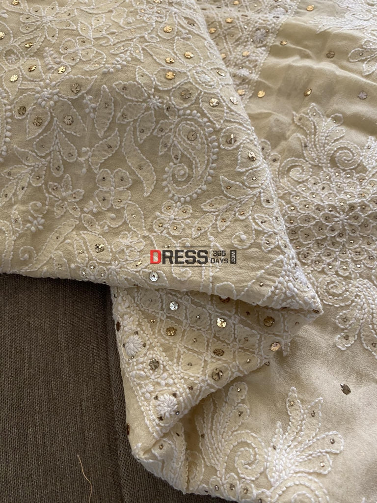 Beige Mukaish Lucknowi Chikankari Dupatta