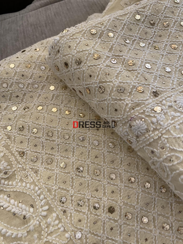 Beige Mukaish Lucknowi Chikankari Dupatta