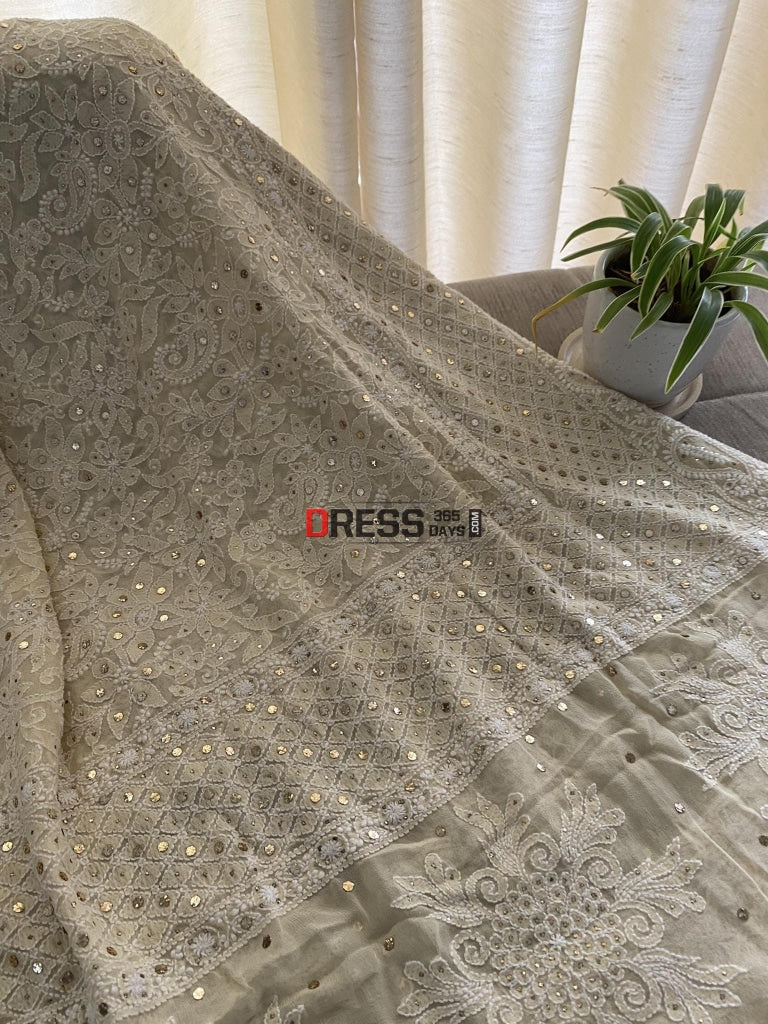 Beige Mukaish Lucknowi Chikankari Dupatta