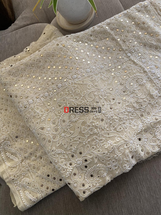 Beige Mukaish Lucknowi Chikankari Dupatta