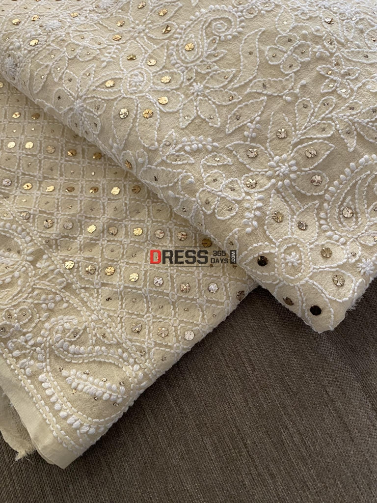 Beige Mukaish Lucknowi Chikankari Dupatta