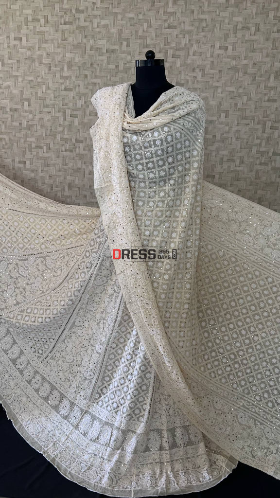 Beige Mukaish Lucknowi Chikankari Lehenga Set Chikankari Lehenga
