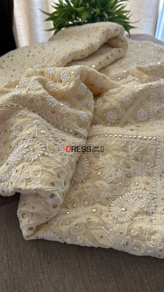 Beige Mukaish Lucknowi Chikankari Lehenga Set Chikankari Lehenga