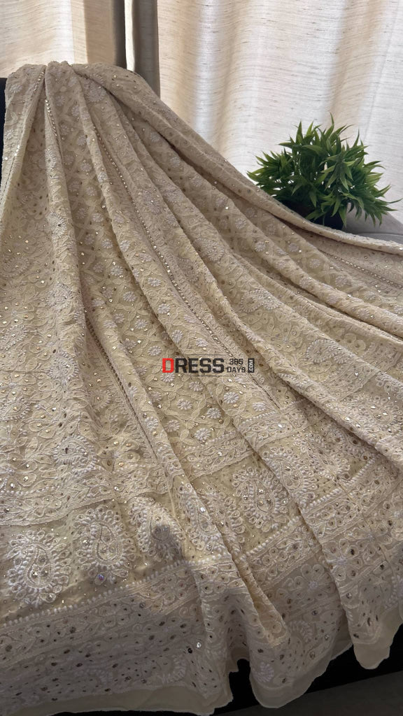 Beige Mukaish Lucknowi Chikankari Lehenga Set Chikankari Lehenga