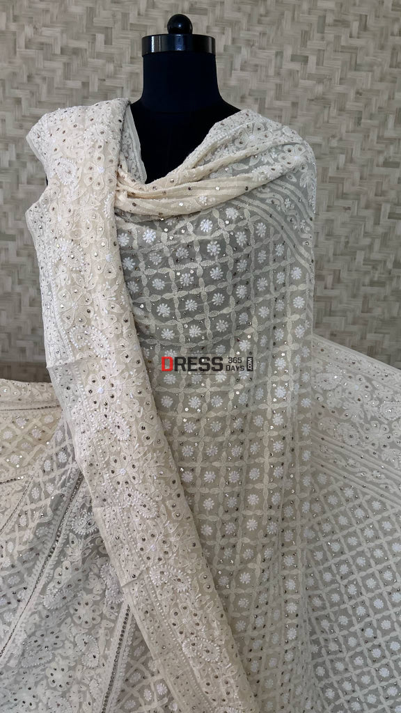Beige Mukaish Lucknowi Chikankari Lehenga Set Chikankari Lehenga