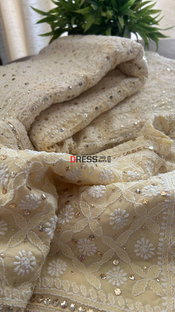 Beige Mukaish Lucknowi Chikankari Lehenga Set Chikankari Lehenga