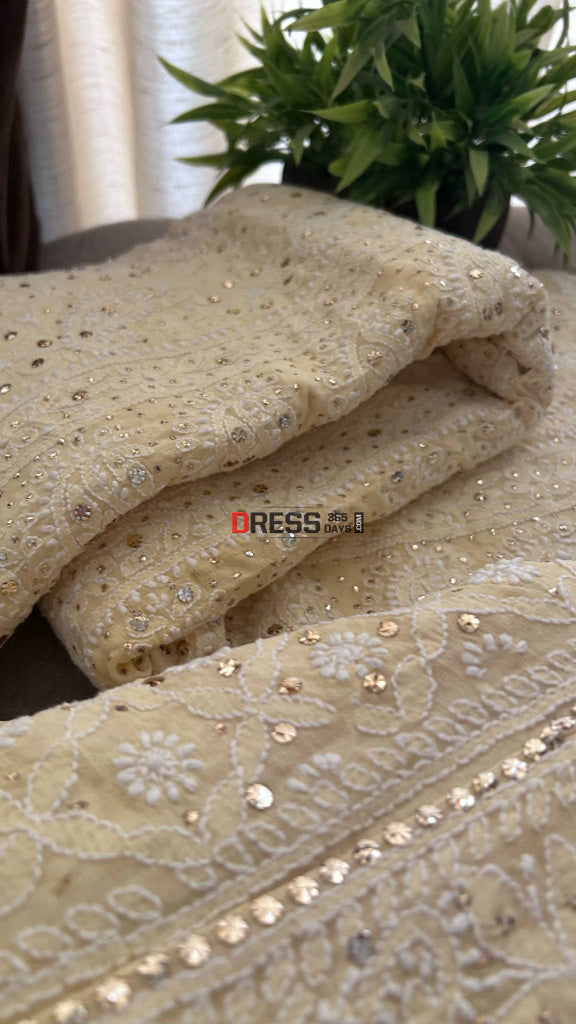 Beige Mukaish Lucknowi Chikankari Lehenga Set Chikankari Lehenga