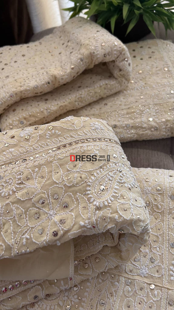 Beige Mukaish Lucknowi Chikankari Lehenga Set Chikankari Lehenga