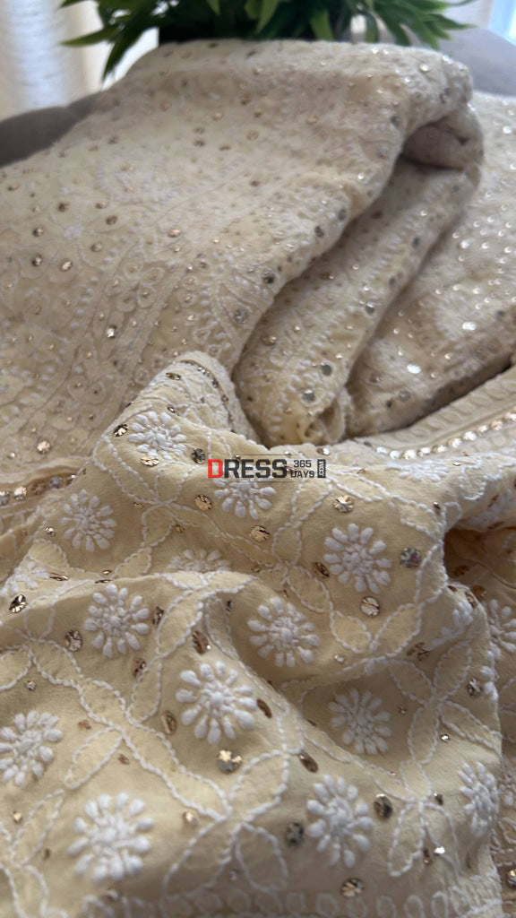 Beige Mukaish Lucknowi Chikankari Lehenga Set Chikankari Lehenga