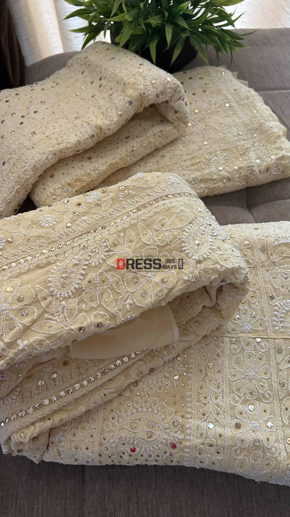 Beige Mukaish Lucknowi Chikankari Lehenga Set Chikankari Lehenga
