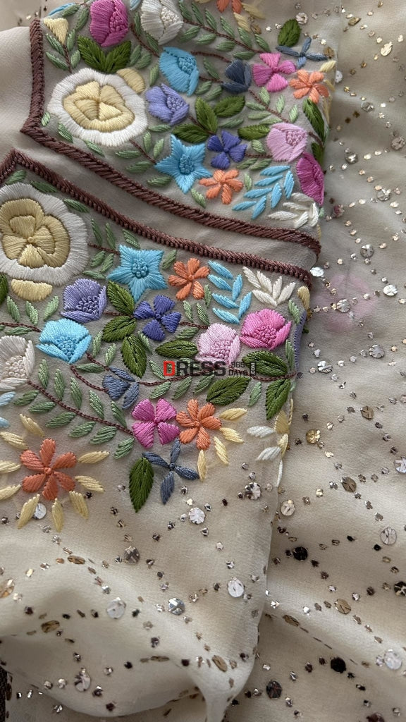 Beige Mukaish Suit With Parsi Gara Neckline Chikankari Suits