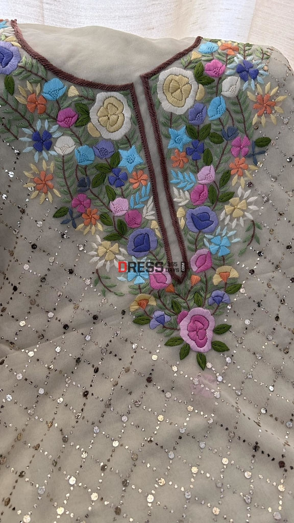 Beige Mukaish Suit With Parsi Gara Neckline Chikankari Suits