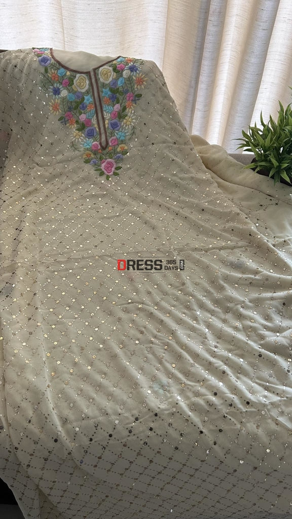 Beige Mukaish Suit With Parsi Gara Neckline Chikankari Suits