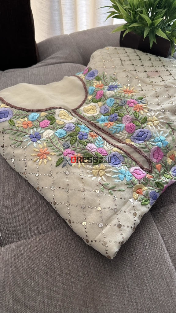 Beige Mukaish Suit With Parsi Gara Neckline Chikankari Suits