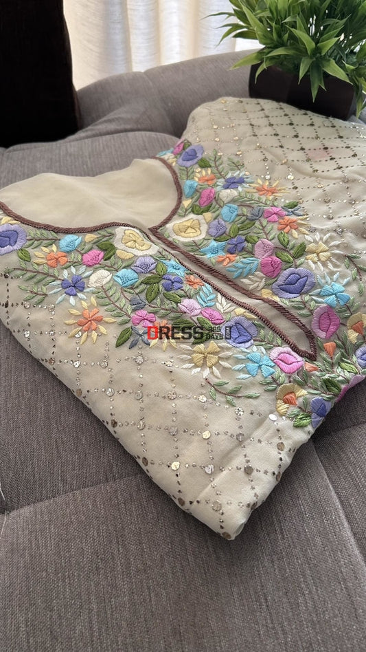 Beige Mukaish Suit With Parsi Gara Neckline Chikankari Suits