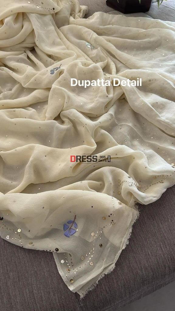 Beige Mukaish Suit With Parsi Gara Neckline Chikankari Suits