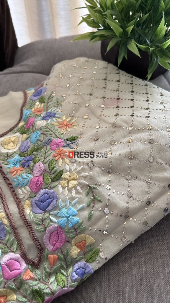Beige Mukaish Suit With Parsi Gara Neckline Chikankari Suits
