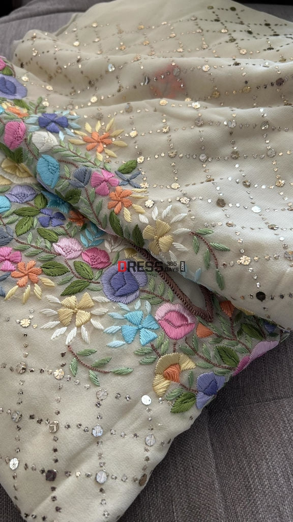 Beige Mukaish Suit With Parsi Gara Neckline Chikankari Suits