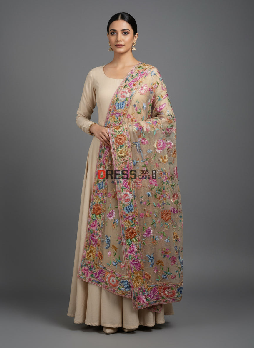 Pre Order Beige Multicolour Parsi Gara Dupatta