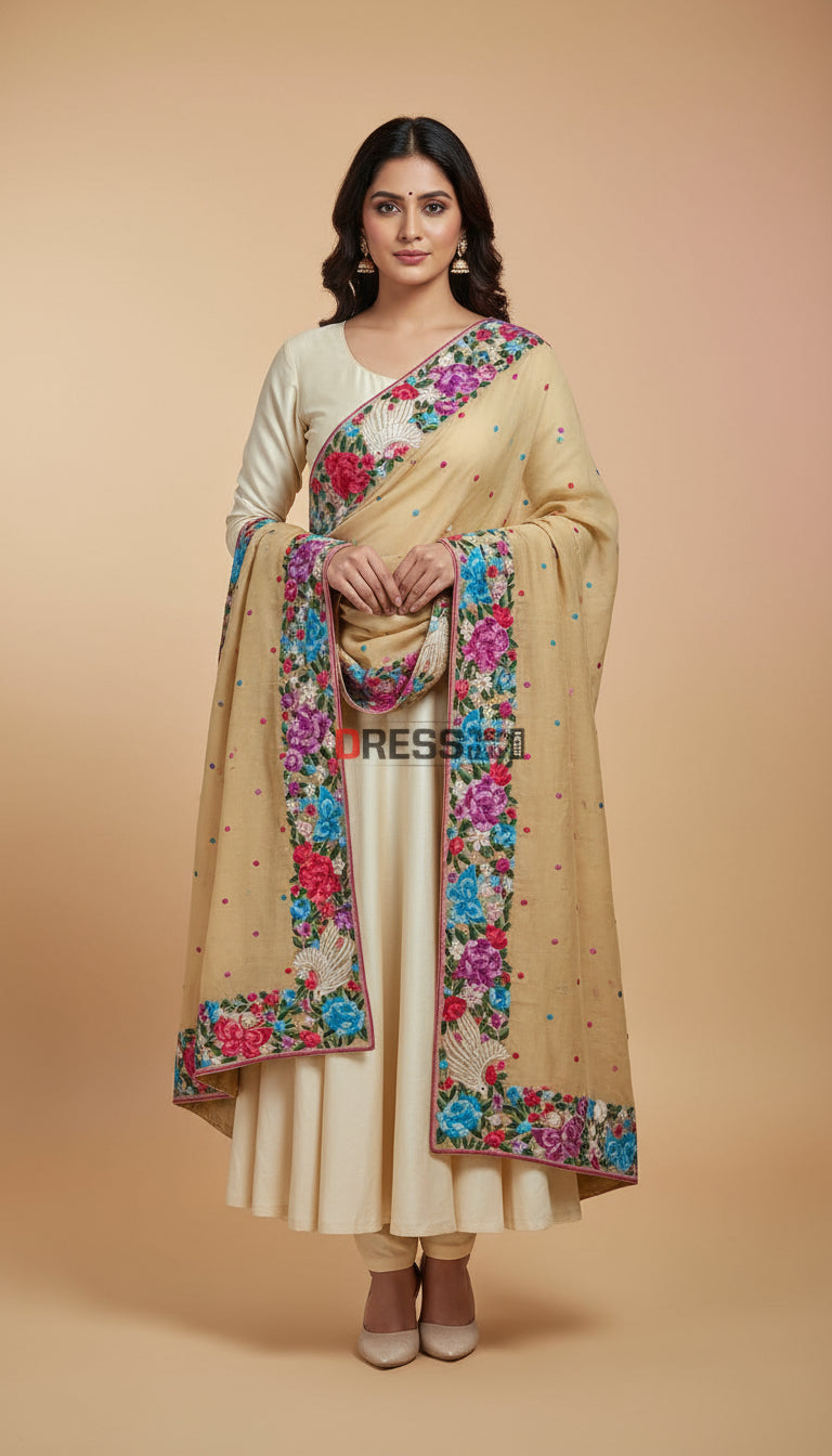 Beige & Multicolour Parsi Gara Dupatta