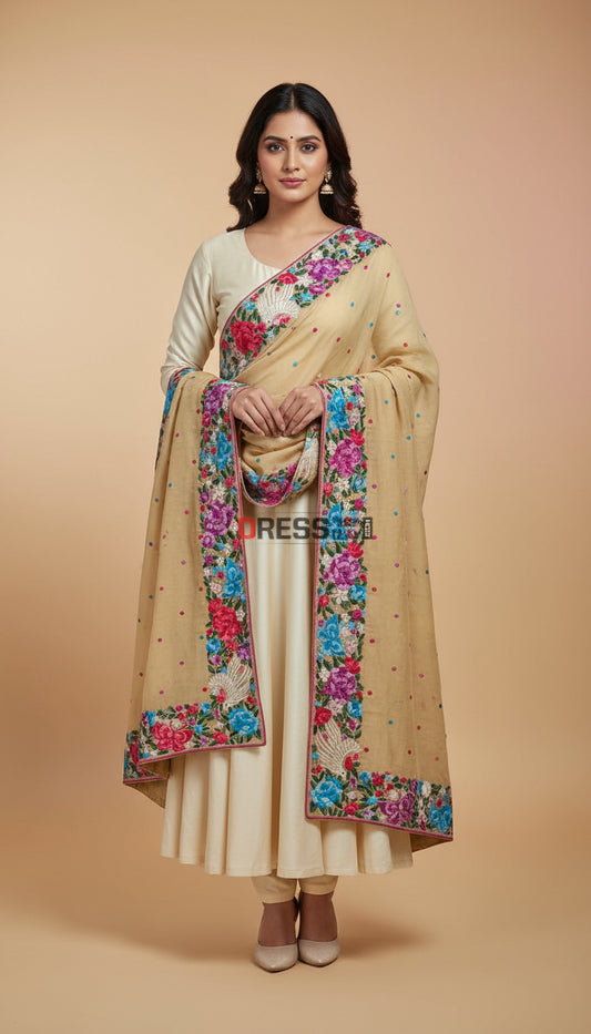 Beige & Multicolour Parsi Gara Dupatta