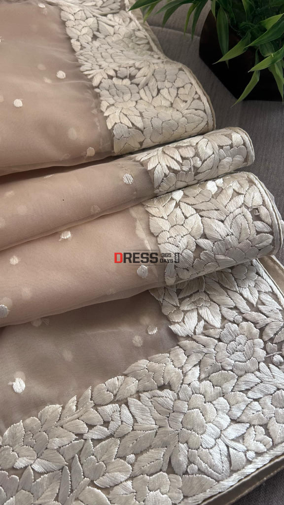 Beige Organza Parsi Gara Hand Embroidered Dupatta Parsi Gara Dupatta