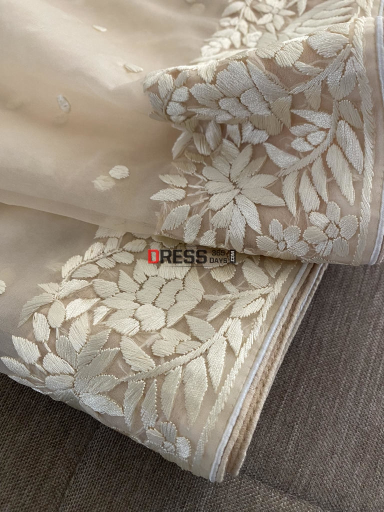 Beige Organza Parsi Gara Hand Embroidered Dupatta