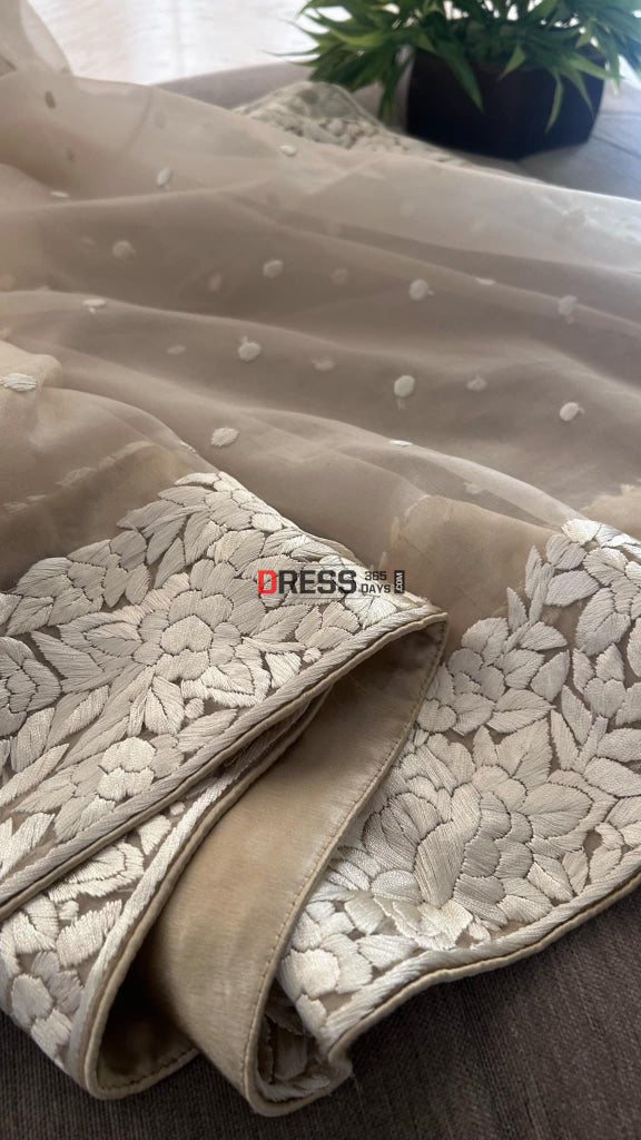 Beige Organza Parsi Gara Hand Embroidered Dupatta Parsi Gara Dupatta