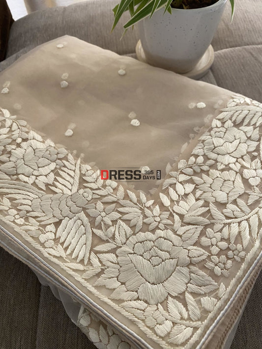 Beige Organza Parsi Gara Hand Embroidered Dupatta