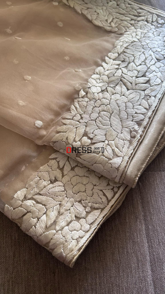 Beige Organza Parsi Gara Hand Embroidered Dupatta Parsi Gara Dupatta