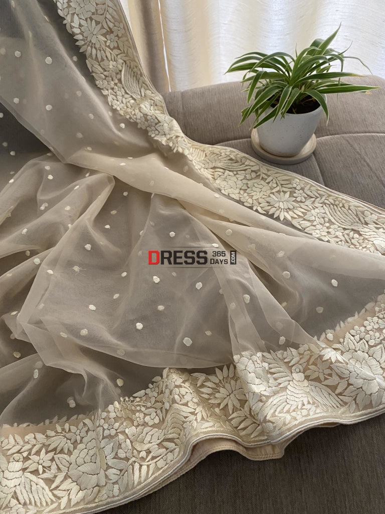 Beige Organza Parsi Gara Hand Embroidered Dupatta