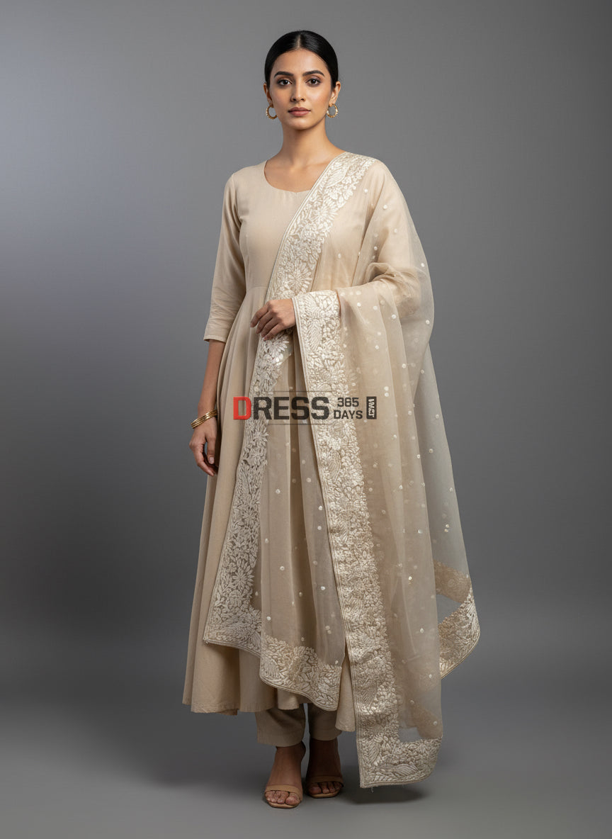 Pre Order Beige Organza Parsi Gara Hand Embroidered Dupatta