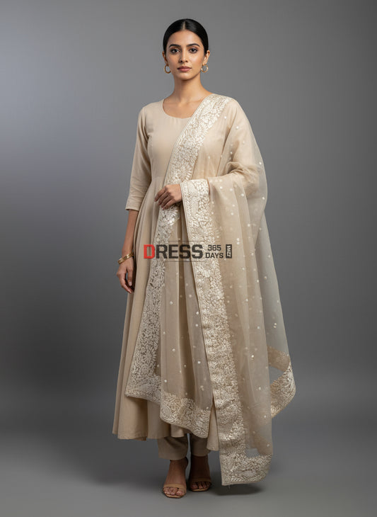 Pre Order Beige Organza Parsi Gara Hand Embroidered Dupatta